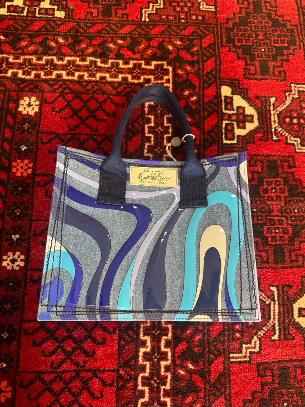 Emilio Pucci Marmo Tote Bag Blue Denim Leather Trim Made in Italy NEW NWT - Picture 4 of 8